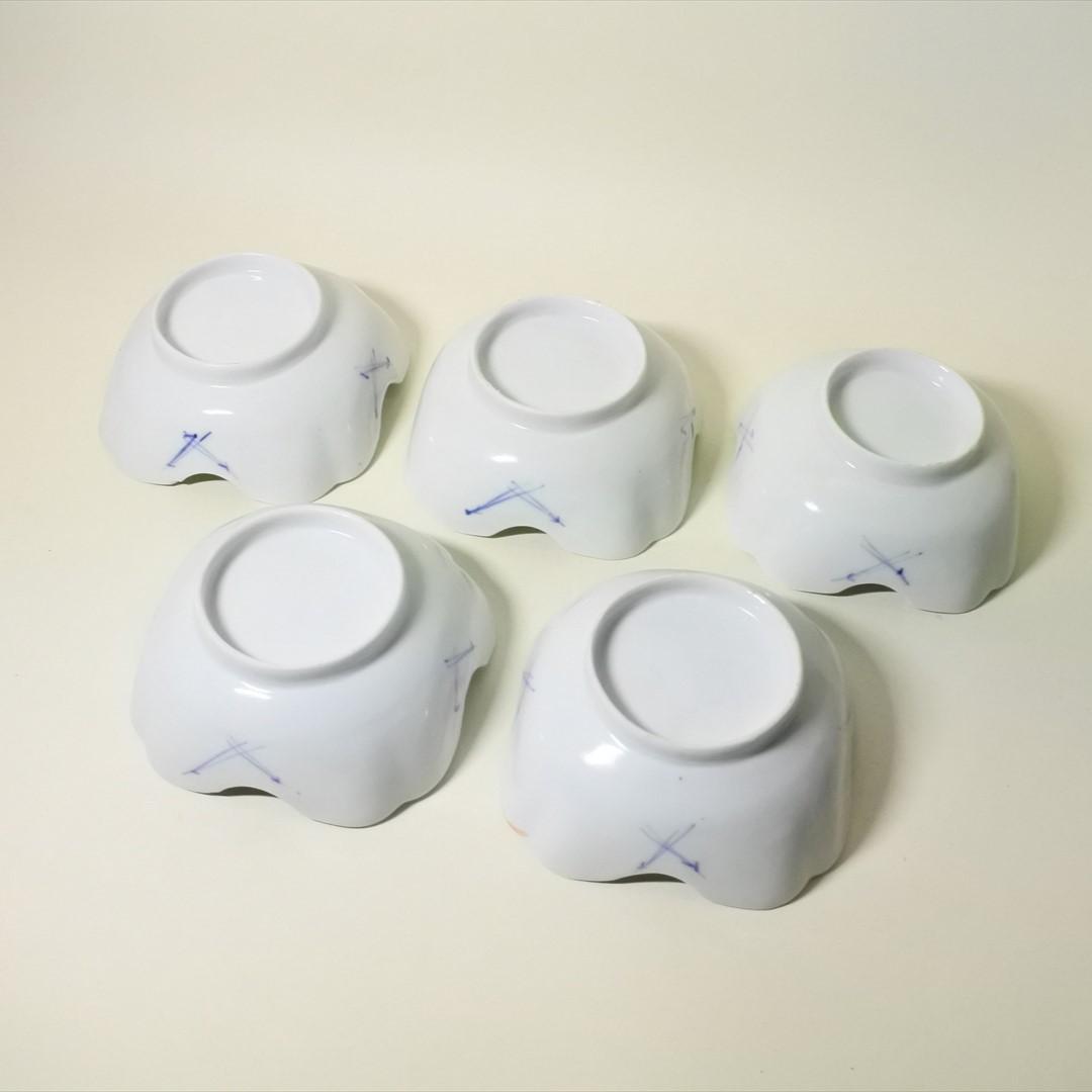 江戸末期～明治時代　伊万里　染付　折松葉　角　鉢　向付　５客組　骨董品　g