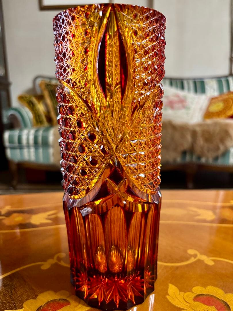 門脇硝子加工所　江戸切子　花瓶 オレンジと琥珀色