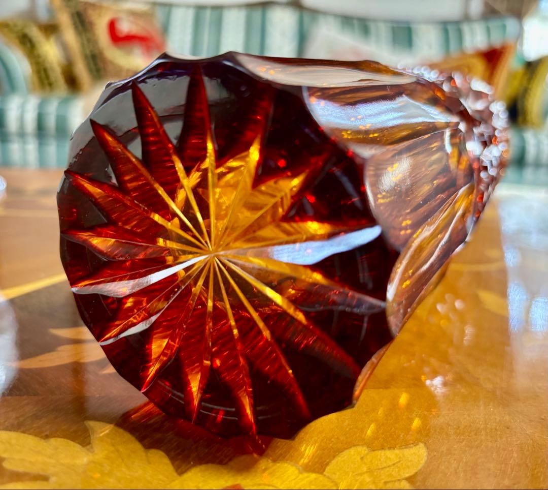 門脇硝子加工所　江戸切子　花瓶 オレンジと琥珀色