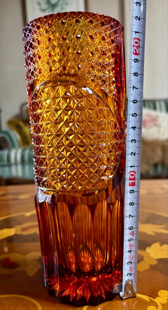 門脇硝子加工所　江戸切子　花瓶 オレンジと琥珀色