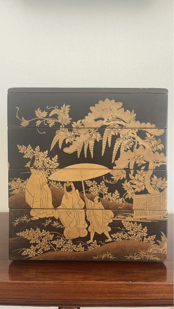 蒔絵 人物文 黒漆 五段重箱 平安風図絵 金蒔絵 漆芸 木製 箱付