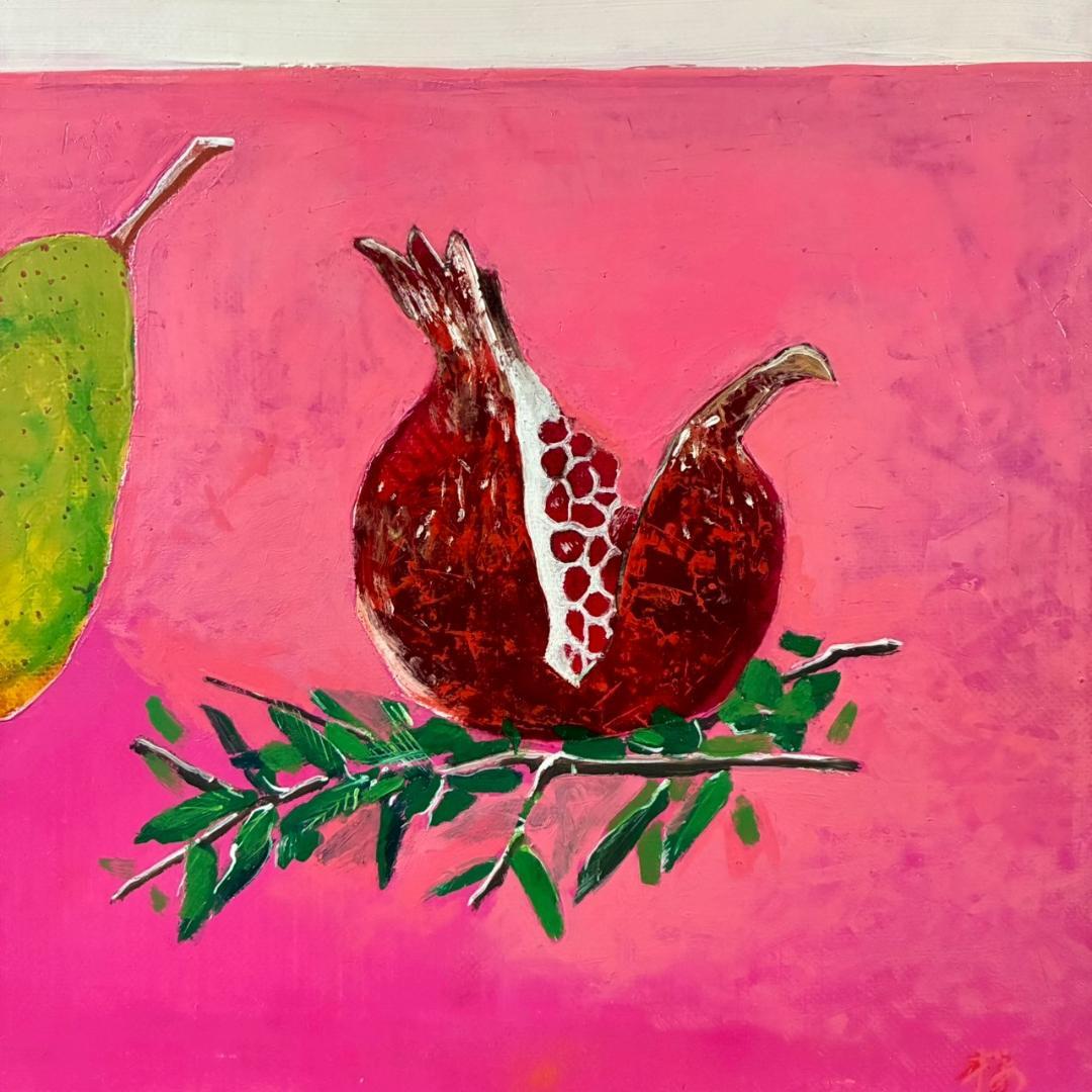 櫻井孝美「ざくろ」油彩画 油絵 直筆サイン入り 日動画廊シール有 額縁入り