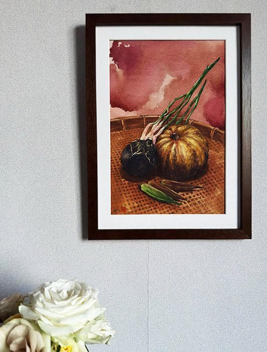 水彩アート「夏野菜　Ⅰ」1点物、手描き、真筆。