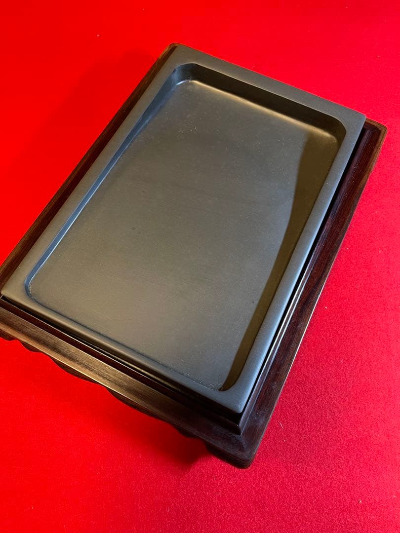 【墨研】古玩 硯箱15◆紫檀無垢長方硯箱・大型羅門硯付属◆未使用品◆書道具 文箱