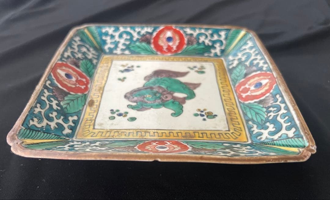 九谷焼角皿 九谷五彩獅子色絵付 明治時代 箱有 年代物 アンティーク