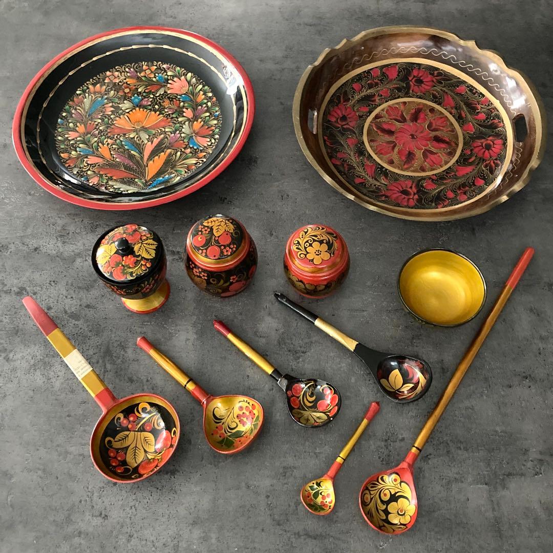 ロシア伝統工芸品 ホフロマ塗り 漆器 トレイ 小物入れ 食器 12点セット