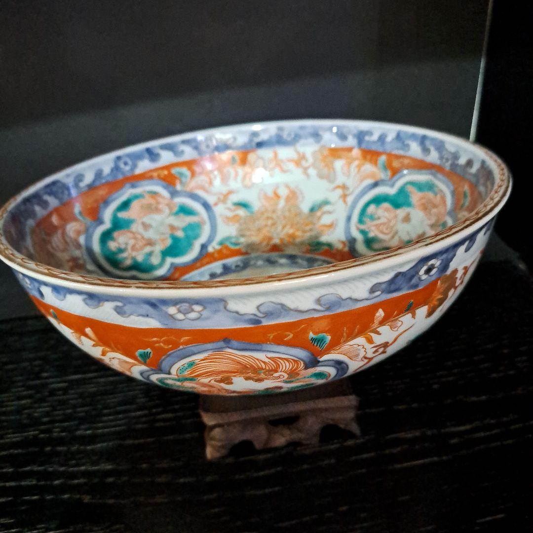 江戸中期　赤絵金彩　染錦　７寸中鉢　富貴長春　花窓 獅子図