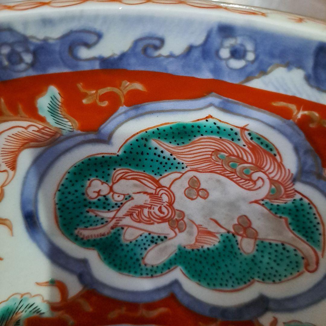 江戸中期　赤絵金彩　染錦　７寸中鉢　富貴長春　花窓 獅子図