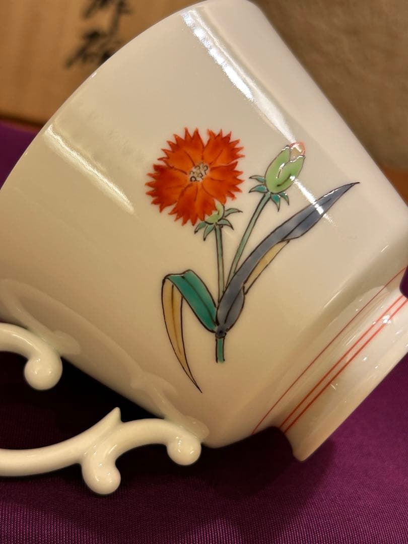 人間国宝 十四代 柿右衛門 本人作 濁手 撫子文 珈琲碗 カップ&ソーサー