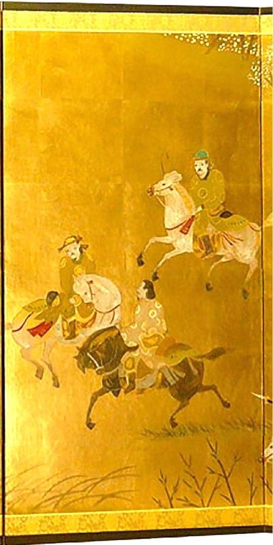 四つ折り屏風　日本画　金箔彩色　蒙古襲来図