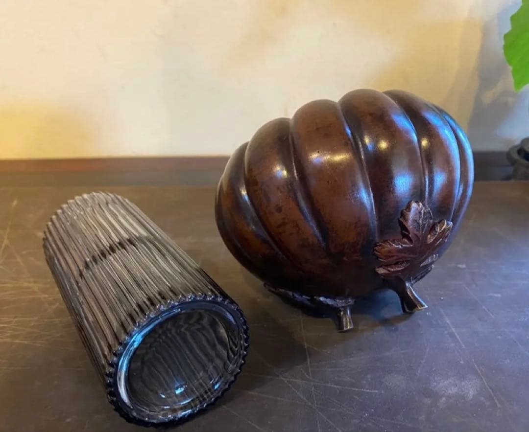 美品　精銅製カボチャ型3足香炉　ミニ色ガラスボトル付　２点セット アンティーク