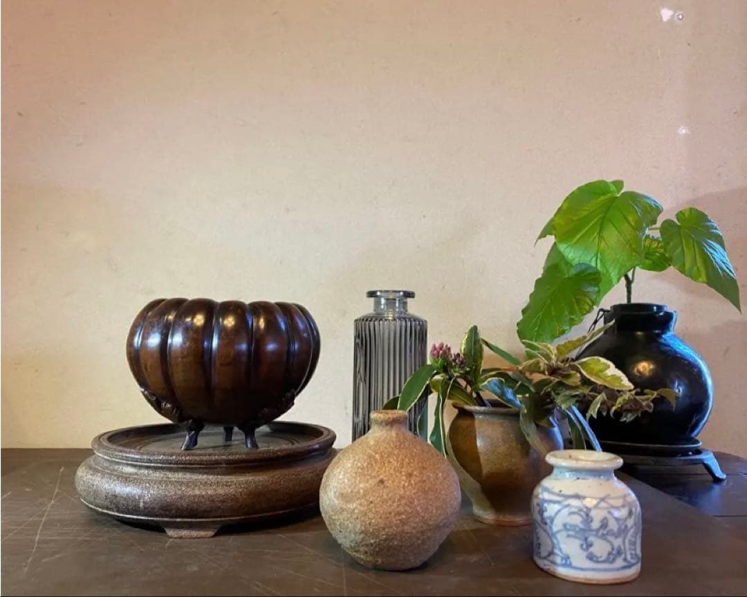 美品　精銅製カボチャ型3足香炉　ミニ色ガラスボトル付　２点セット アンティーク