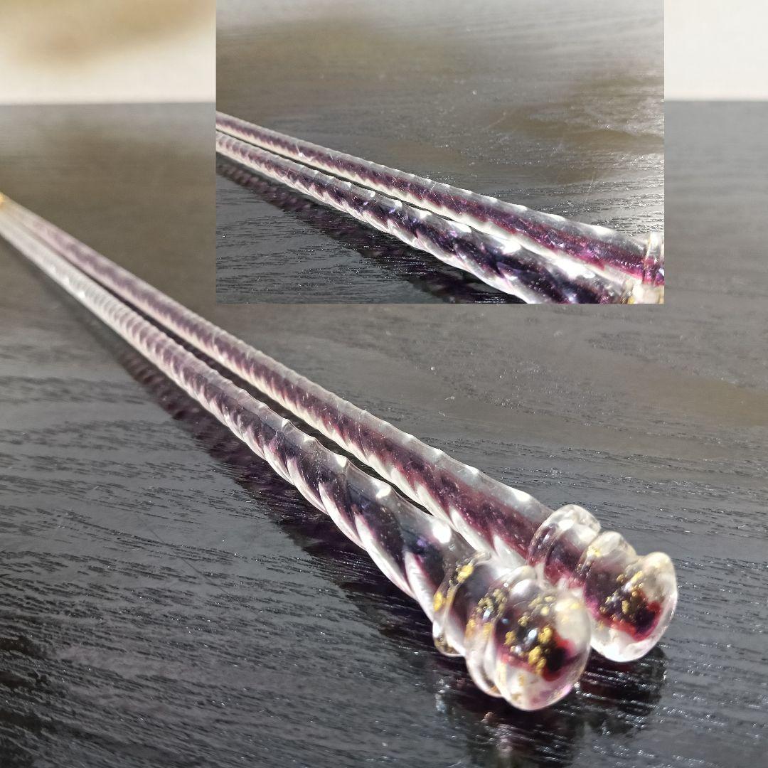 AN86 ギヤマン 箸 ガラス箸 ひねりガラス 金彩 菓子箸 茶懐石ピンク紫 箱