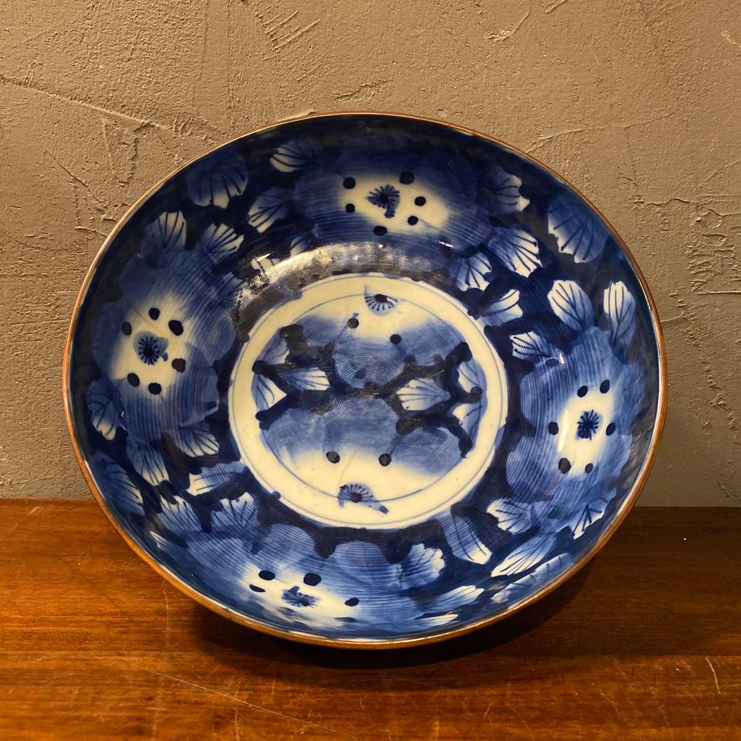 骨董品 大鉢 器 藍 高台皿 25cm コレクション 時代物　染め付け