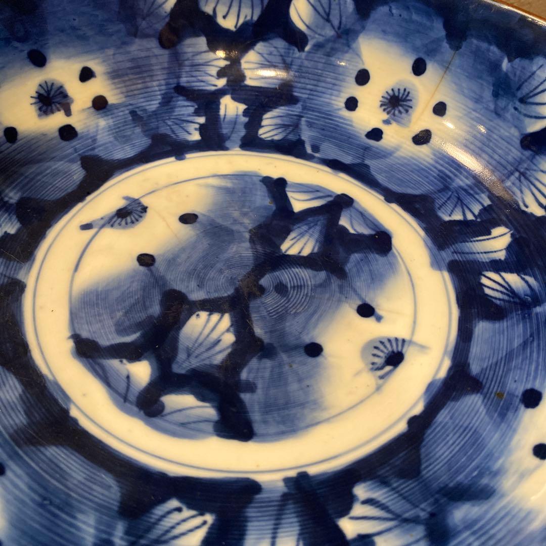 骨董品 大鉢 器 藍 高台皿 25cm コレクション 時代物　染め付け