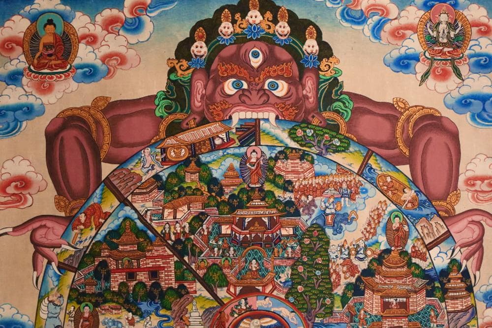 【仏】　★ 仏教 彩絵六道輪廻図掛軸 ★　清朝期　曼荼羅 刺繍表装　布本仏画