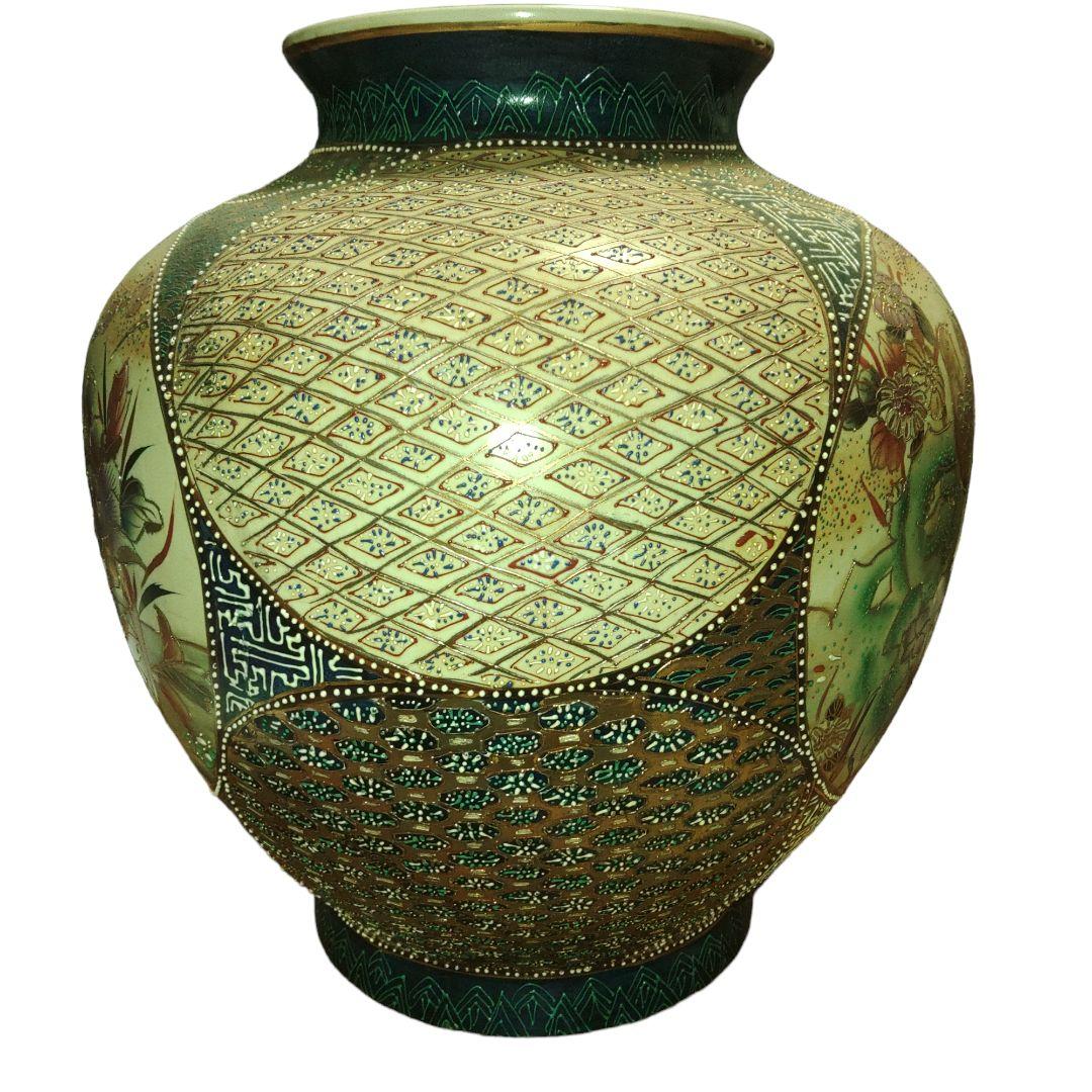 中国古玩　隆源　金彩鳥草花文壺　高さ40cm