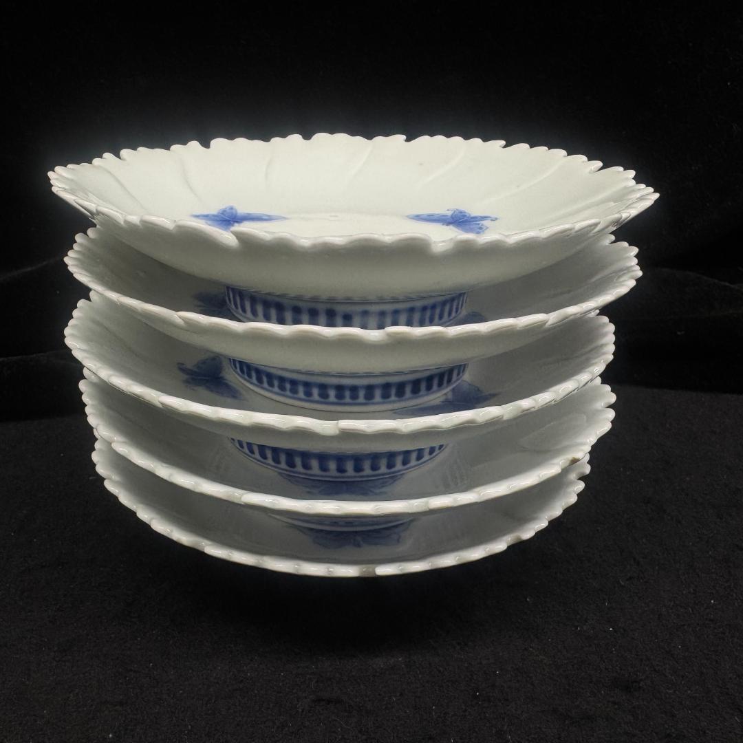 古平戸焼 染付 牡丹花形蝶文皿5客 時代箱付 江戸後期 平戸御用窯 古伊万里