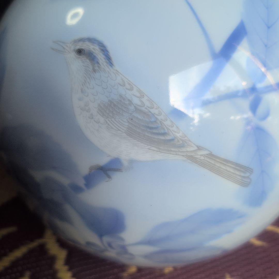 宮内庁御用達 深川製磁 有田焼 花瓶 官窯染付 鳥 白磁 藍絵 特大 花入共箱