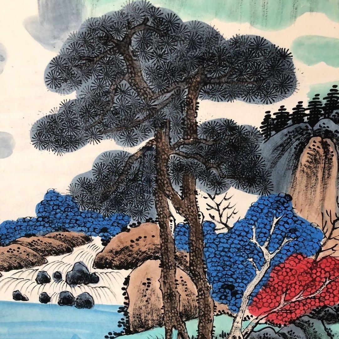 中国画 掛け軸 山水画 中堂 四尺 手描き 彩色 水墨 山岳 風景画 中国美術