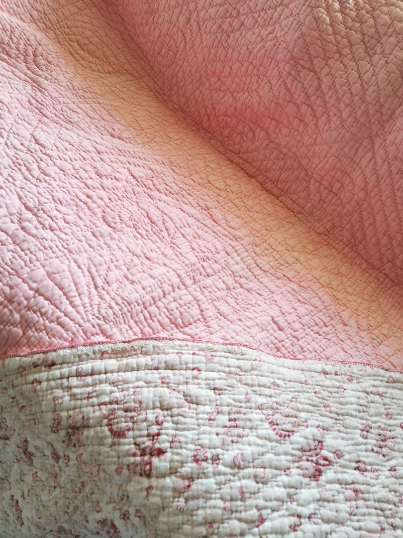 アンティーク英国 ウェールズ/ダーラムキルト 花更紗ペイズリー ハンドステッチ