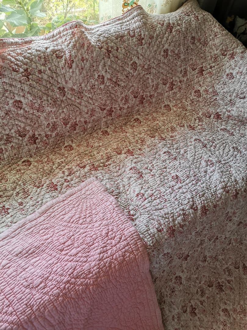 アンティーク英国 ウェールズ/ダーラムキルト 花更紗ペイズリー ハンドステッチ