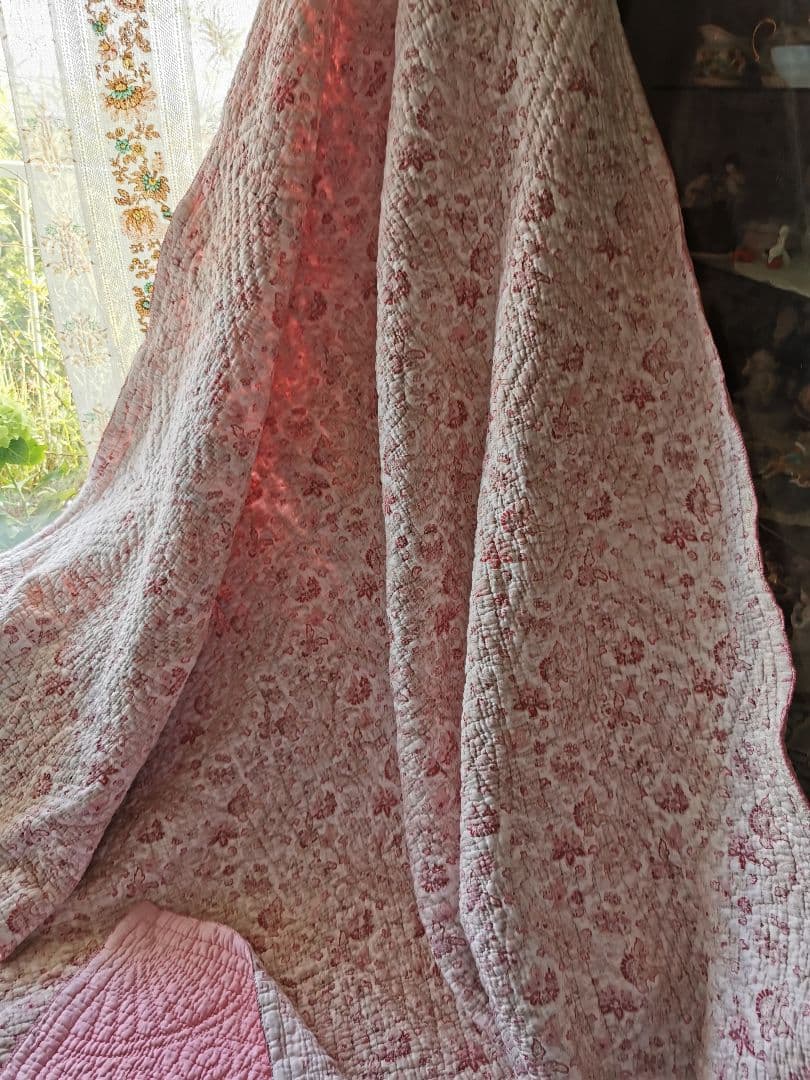 アンティーク英国 ウェールズ/ダーラムキルト 花更紗ペイズリー ハンドステッチ