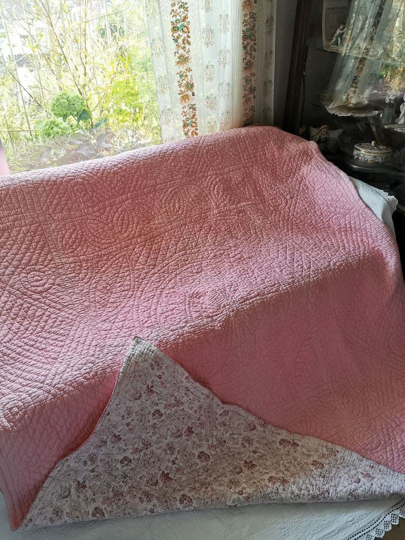 アンティーク英国 ウェールズ/ダーラムキルト 花更紗ペイズリー ハンドステッチ