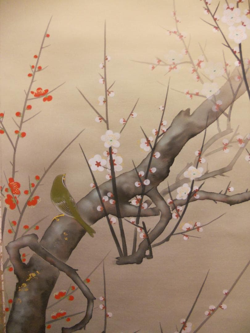 掛け軸 上村朝山 作 『 紅白梅 』 絹本 希少 軸装 茶道具 掛軸 美品 です