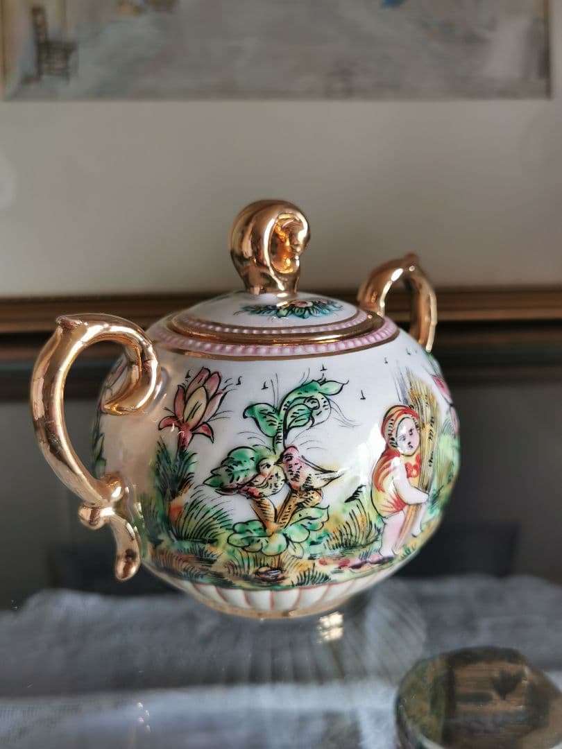 アンティークイタリア カポディモンティ 子供と鳥 実り 釣り 収穫シュガーポット