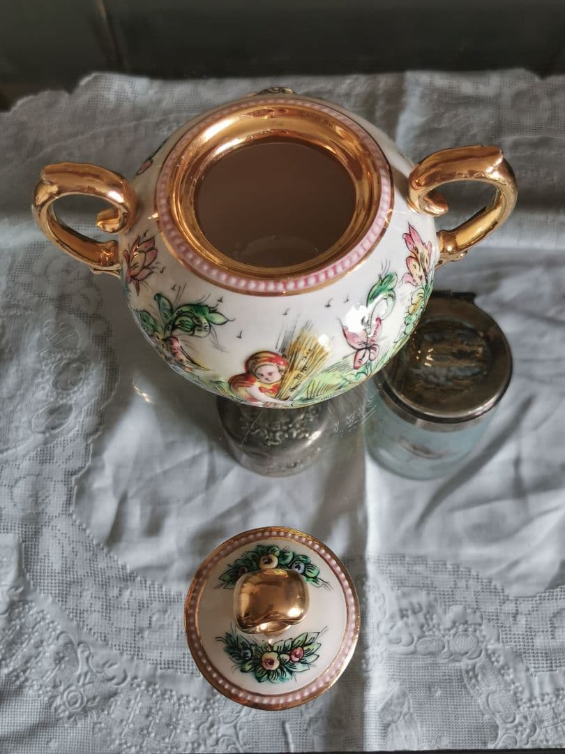 アンティークイタリア カポディモンティ 子供と鳥 実り 釣り 収穫シュガーポット