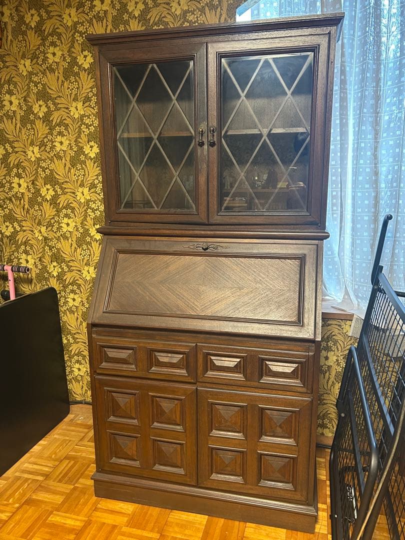 【昭和ヴィンテージ・美品】木製ライティングビューロ　ガラス扉