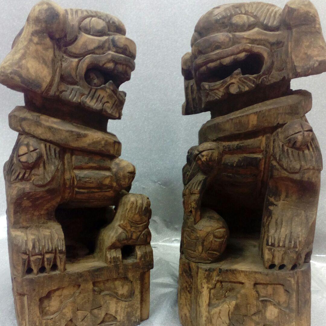仏教古美術江戸時代中期頃細密造形造り木彫２対獅子２５〜２７センチ寺社仏閣当時物