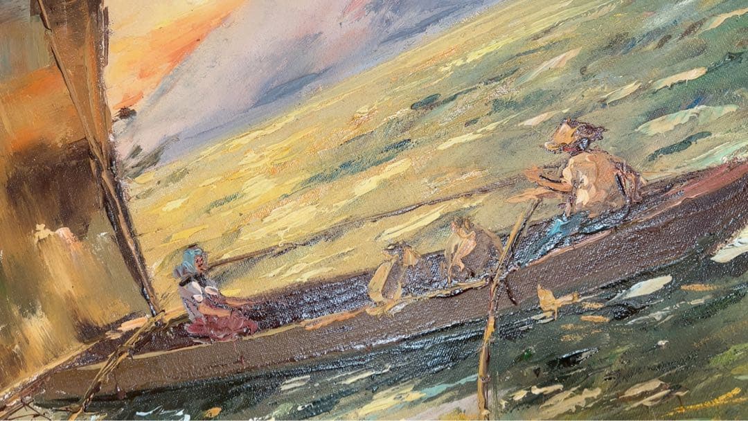 油彩画 漁船と漁師 A. De La Cruz