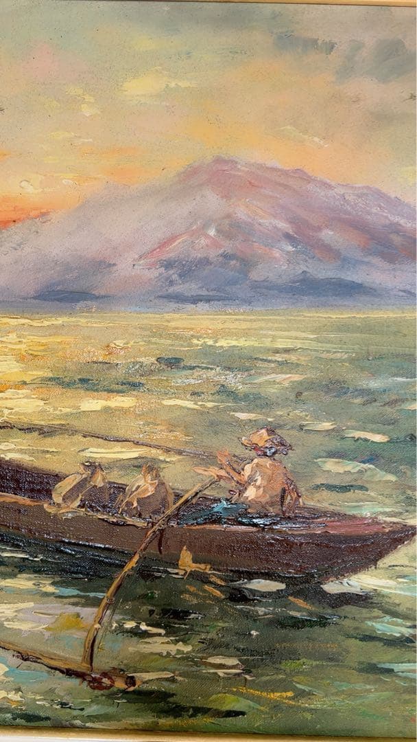 油彩画 漁船と漁師 A. De La Cruz