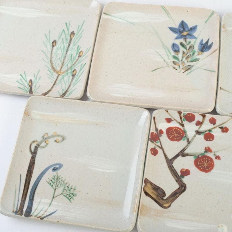 和食器　茶懐石　幸兵衛窯　絵変四方皿　銘々皿　五客　共箱　N　9375