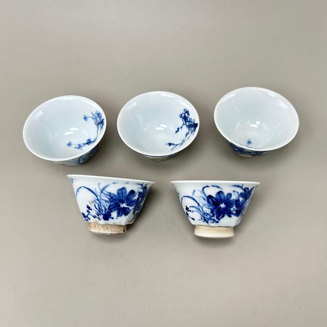 清水七兵衛 茶道具 京焼　名工　染付　草花文　 5客セット