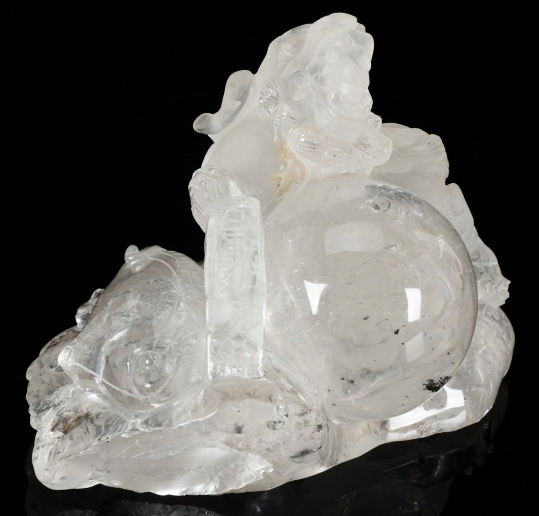 中国美術 水晶玉乗獅子 万事如意刻印 置物 老水晶彫 古水晶 唐物 古美術 骨董