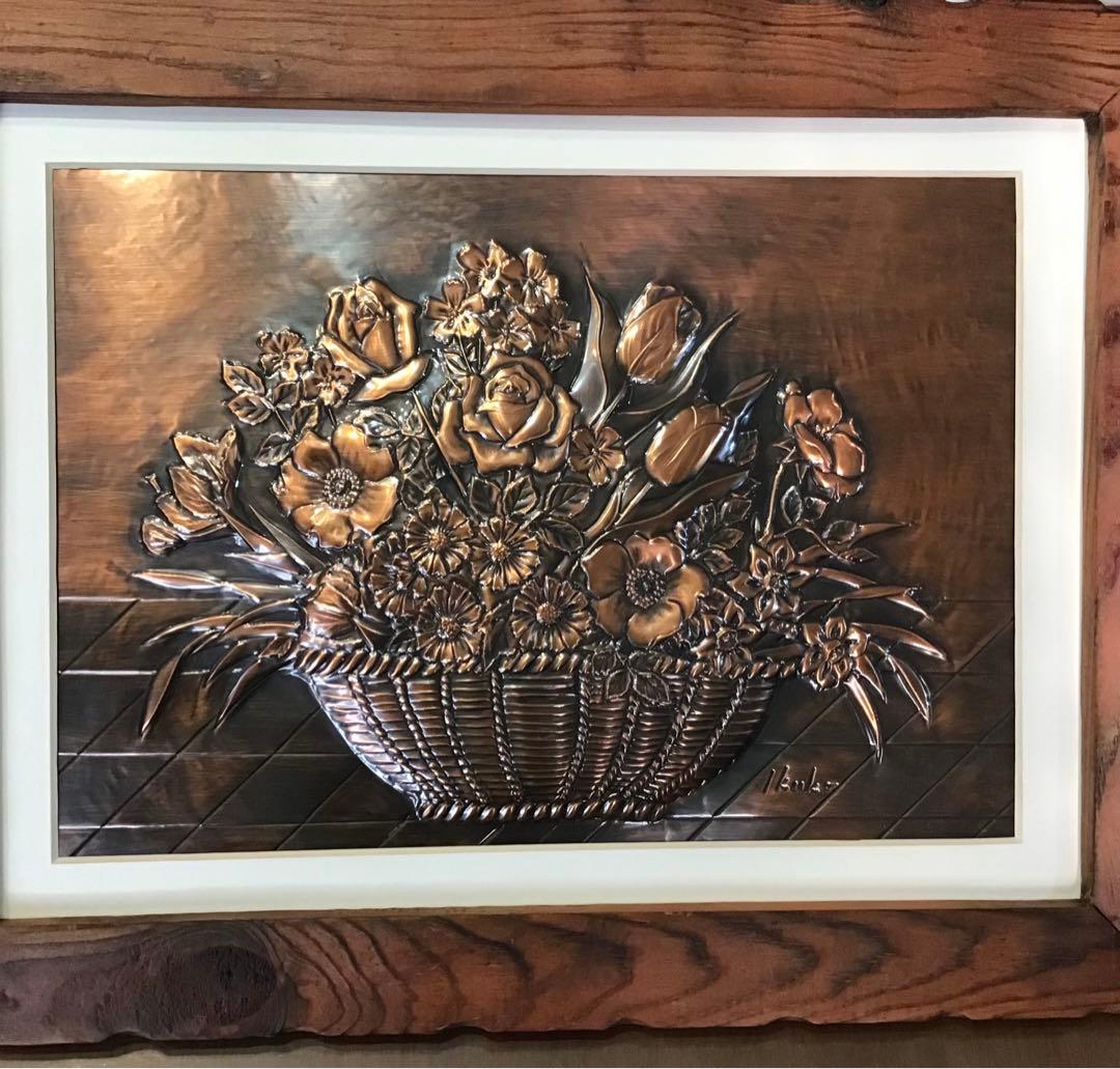銅板画　銅板アート　銅板花　花束　木製フレーム付き　アート　コレクション　希少品