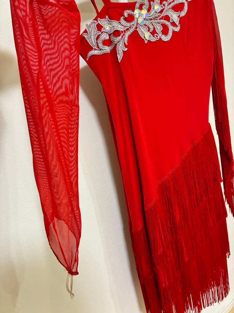 Create-sun 社交ダンス ドレス 赤 フリンジ×ビジュー アシンメトリー