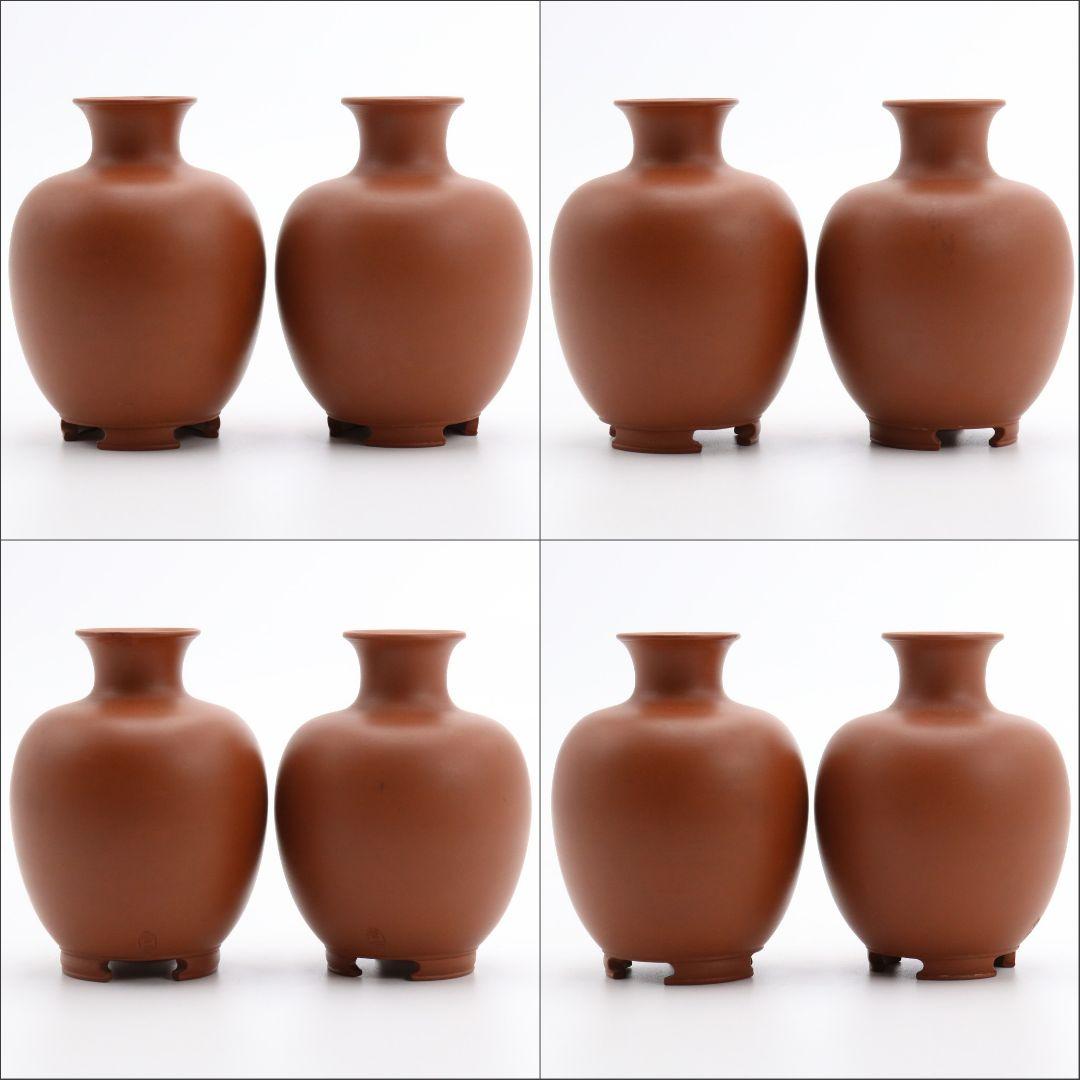 初代 山田常山作 常滑朱泥酒壷 一対 酒器 三代常山識箱 共箱共布　OE468