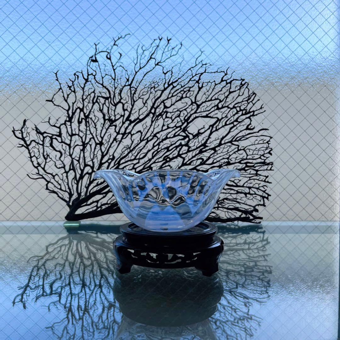 骨董　レトロガラス　希少縞に桜紋　反り口フリル　乳白色炙り出し　氷コップ　後発品