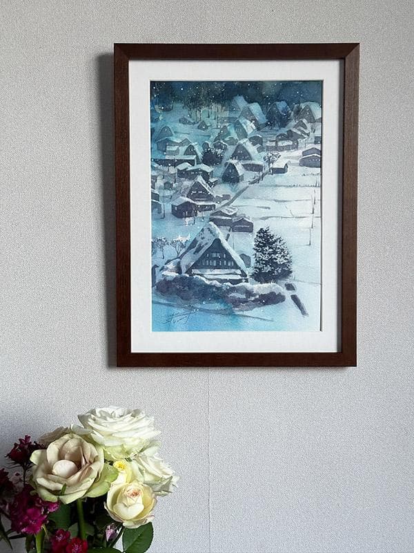 水彩アート「冬の集落　蒼」1点物、手描き真筆。