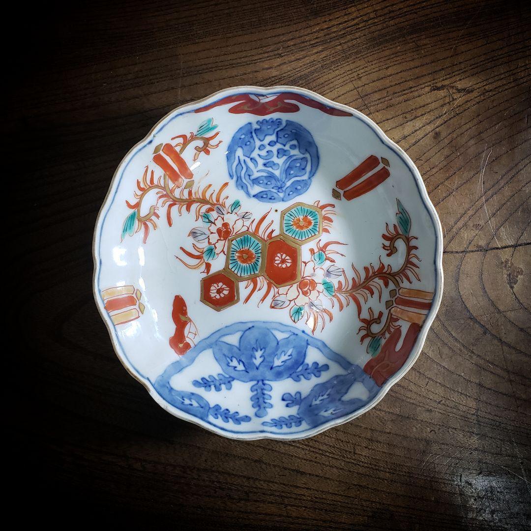 なます皿 古伊万里 色絵付 花唐草 丸文様 亀甲 アマテ ニュウ 欠け ロ号