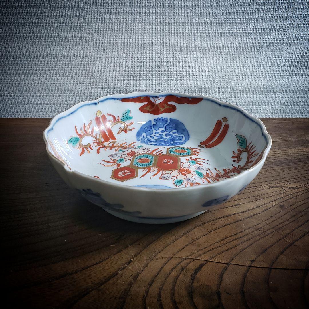 なます皿 古伊万里 色絵付 花唐草 丸文様 亀甲 アマテ ニュウ 欠け ロ号