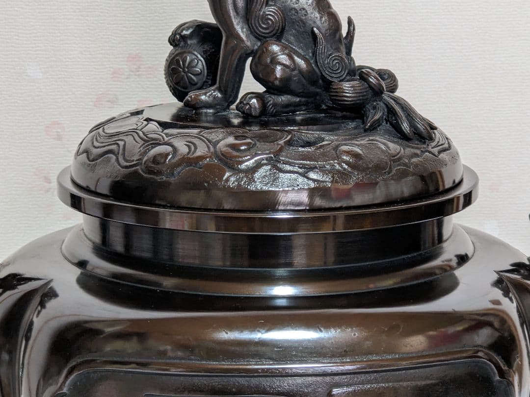♦香道具 獅子飾り 山水瓔珞紋様 龍双耳阿古柁形 大香炉 高岡銅器 高さ27cm