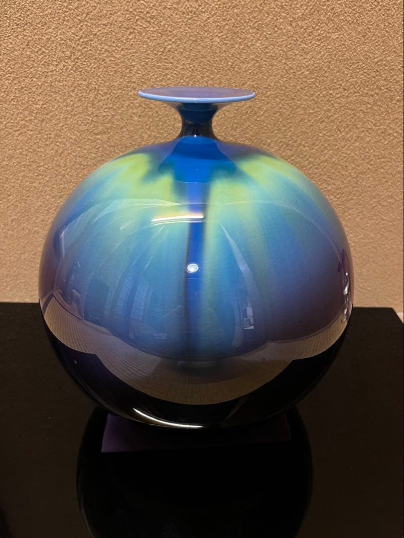 人間国宝　三代徳田八十吉　【正彦】　碧明釉　壺　 23cm