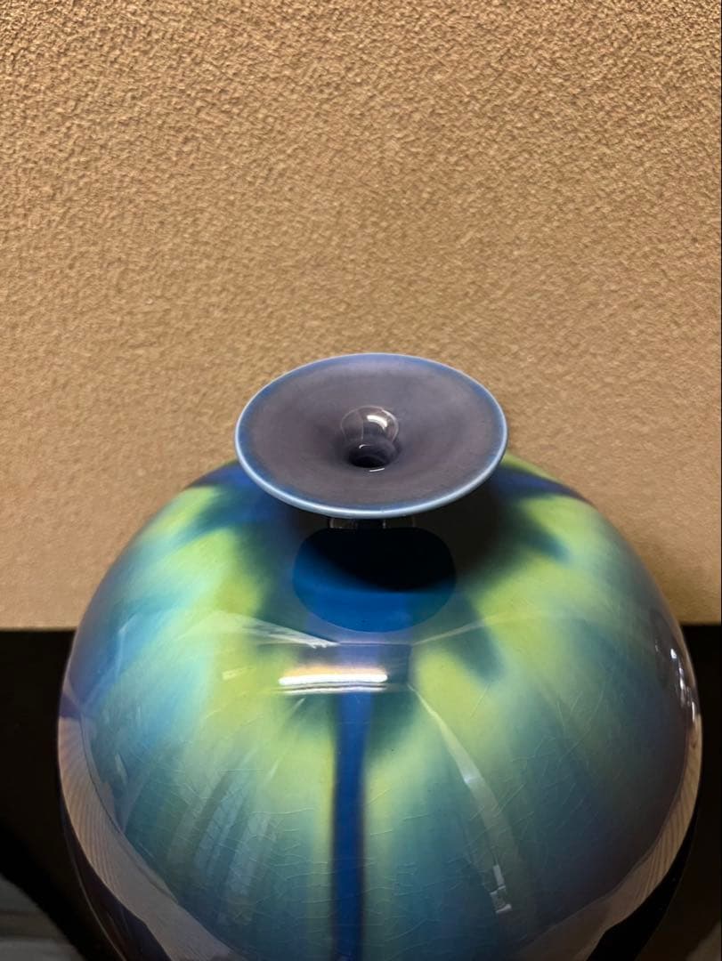 人間国宝　三代徳田八十吉　【正彦】　碧明釉　壺　 23cm