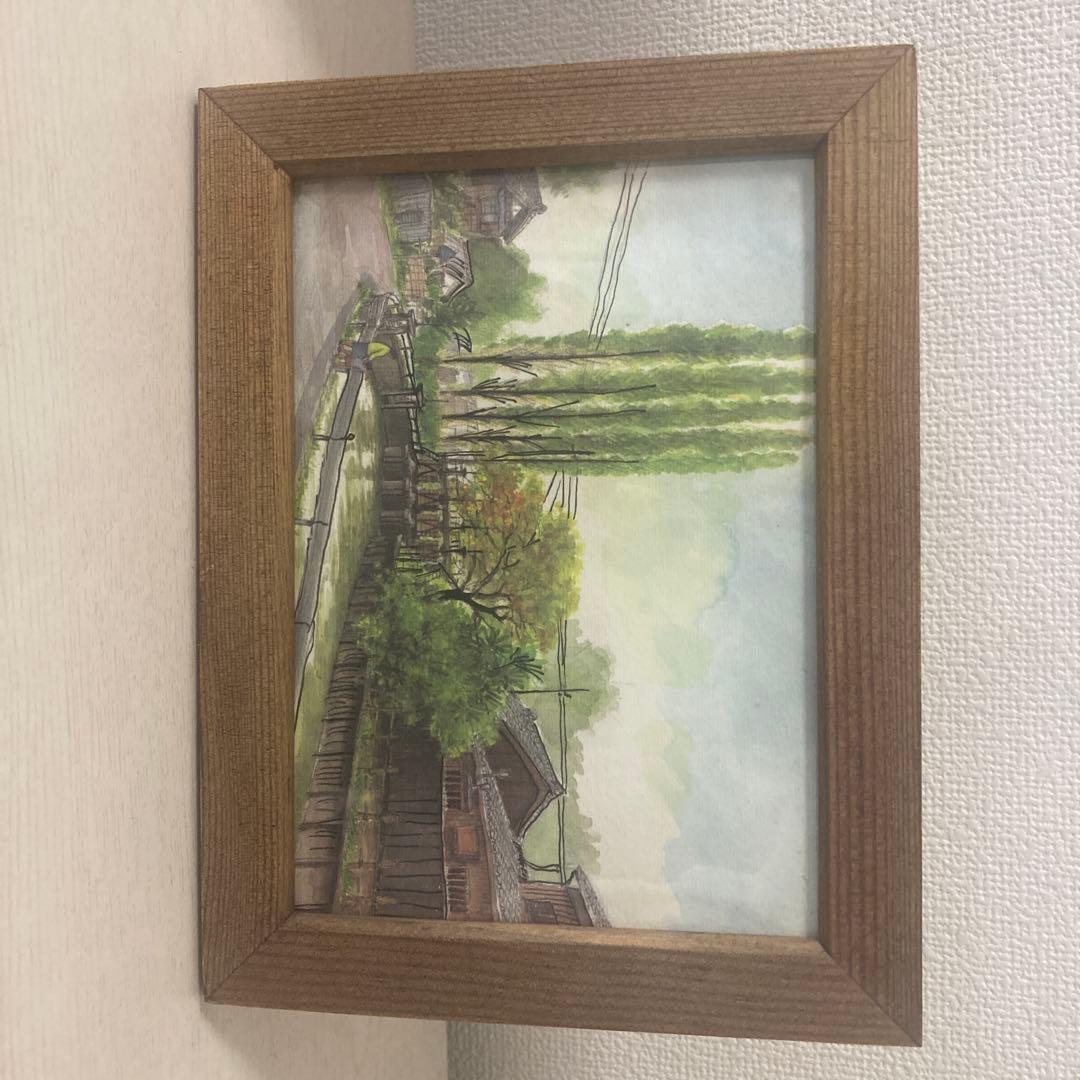 水彩風景画 木製フレーム付き 約21cm x 16cm