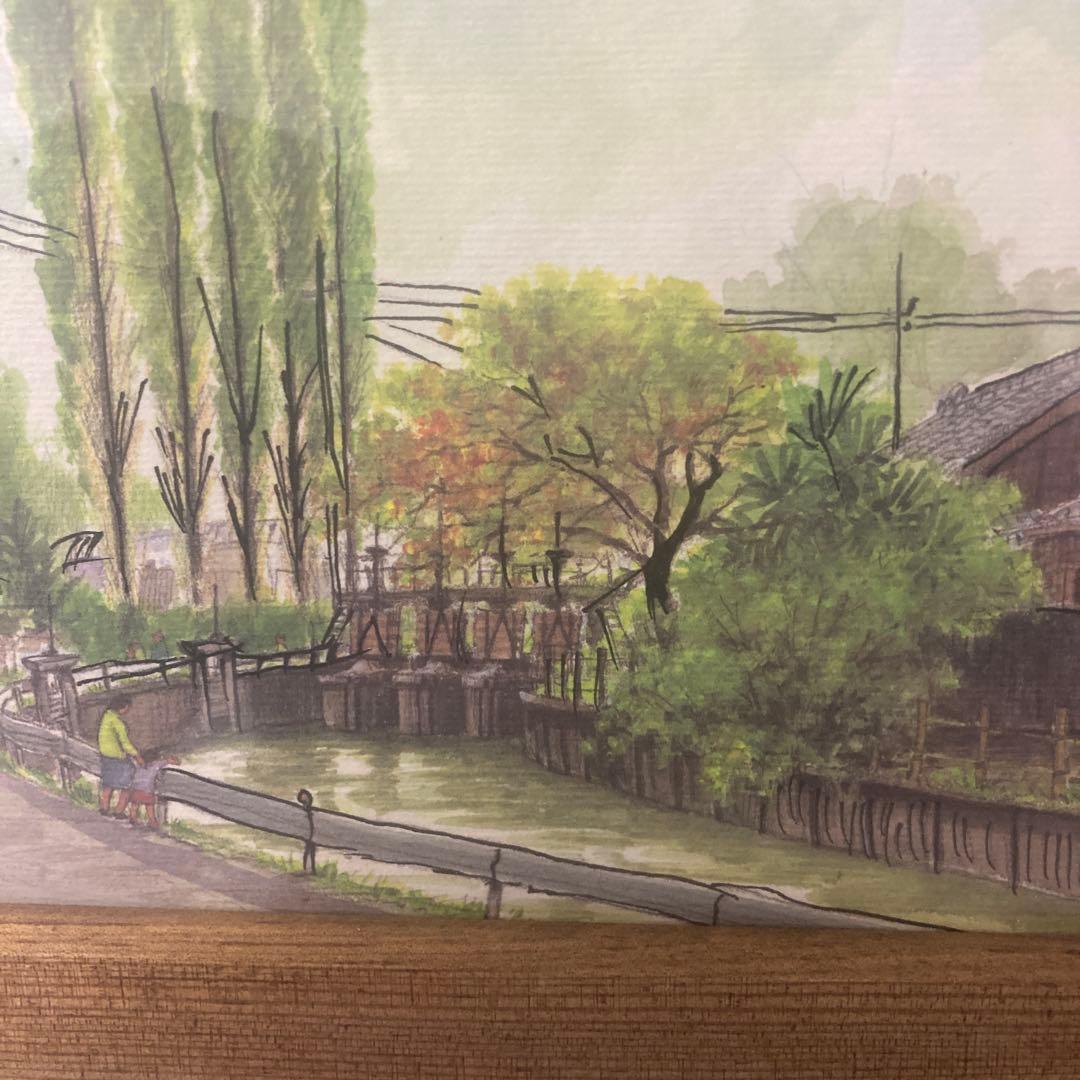 水彩風景画 木製フレーム付き 約21cm x 16cm